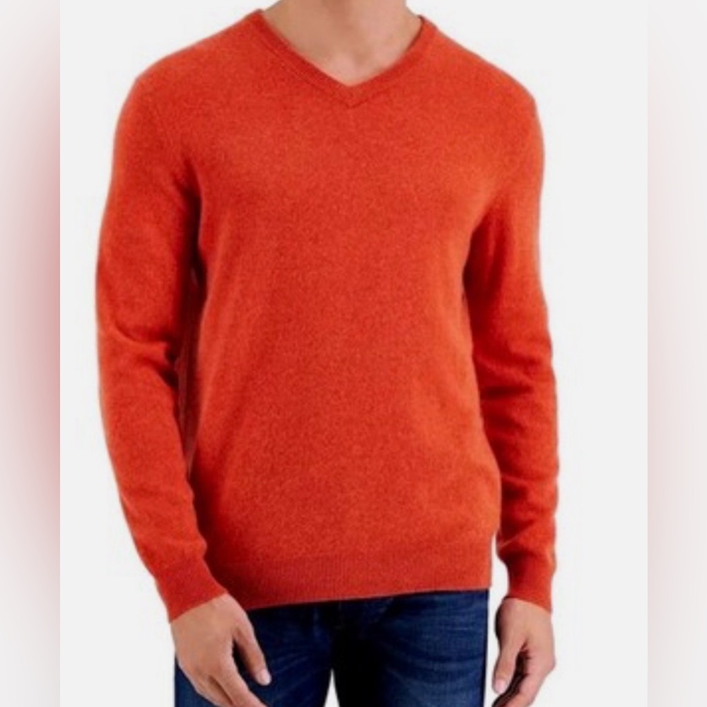 Club Room Luxury 100% Cashmere Sweater Men's XL V-Neck Pottery‎ Clay Orange ✅